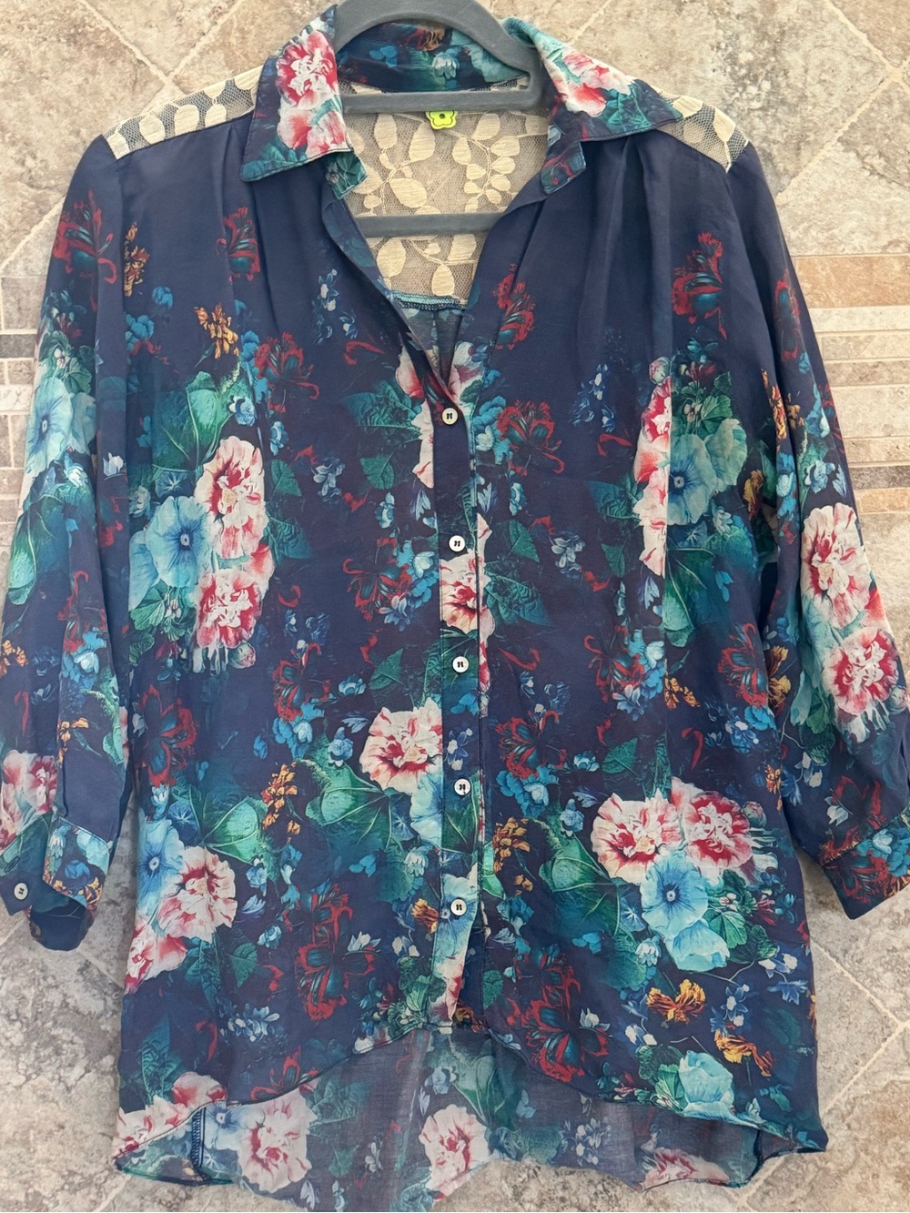 Rare vintage farm rio blouse Floral Button down blue Sheer 3/4 sleeve petite Y2K